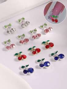 10pcs Green Leaf Cherry Nail Charms Metal Rhinestone Bowknot Nail Supplies Personalized Nail Art 3D Red And Blue Nail Gems Suitable For DIY Nail Salon And Personal Use