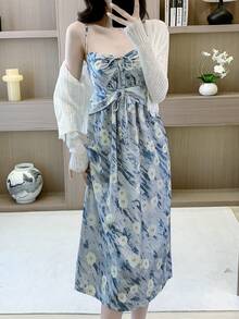 RUIWY 2pcs Spring Women Fashion Elegant Apricot Knitted Sweater & Bowknot Print Blue Dress Set - Blue - View 6