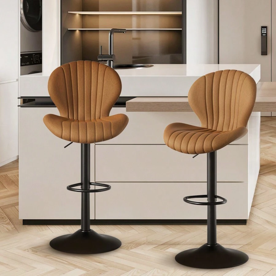 Nalupatio Bar Stools Set Of 2 |Breakfast Bar Stools •Backrest Kitchen Barstools •Bar Chair Fabrics •Modern Adjustable Swivel Gas Lift - Brown - View 1