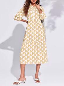 Popular Bohemian Midi Shirt Dress Long Sleeve Color Block Button Down Beach Design - Beige - View 3