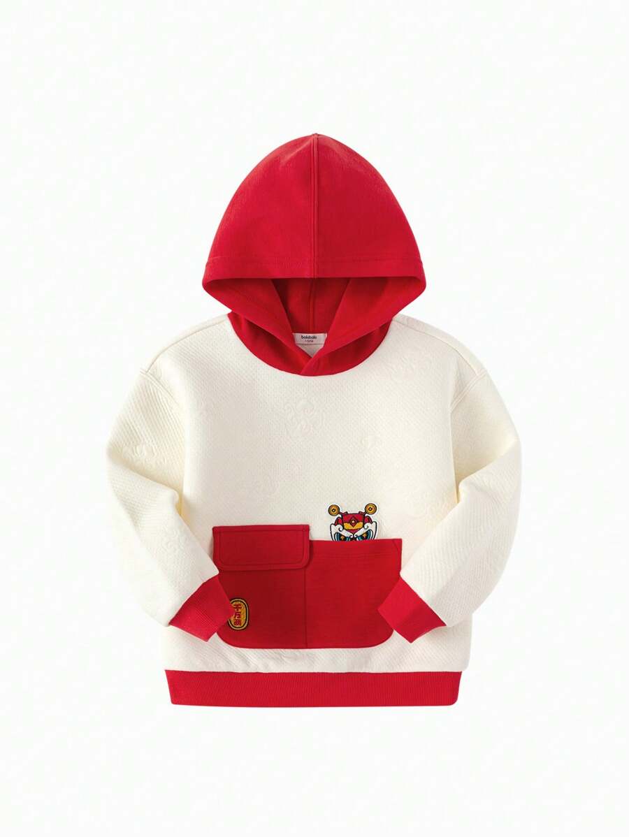 Balabala Toddler Boys Traditional Style Hooded Sports Sweatshirt, For Spring/Autumn - Red and White - View 1