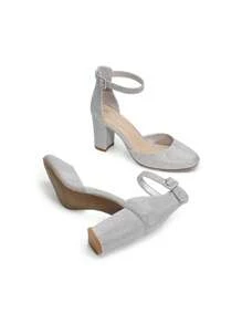 Women's Ankle Strap Closed Toe Chunky Heel Pumps Low Block Round Toe Solid Color Heels Elegant Bridal Wedding Dress Pumps Shoes - Bạc - Xem 9