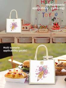 1pc Customized Bow Pencil Print Pattern Tote Bag, Reusable Printed Women'S Tote Bag, Double Handle Shopping School Bag, Large Capacity Shoulder Bag, Casual Tote Bag, Christmas Storage Bag, Suitable For Commuting, School And Shopping, Convenient For Outdoor Use, Gift For Friends And Besties, Perfect Choice For Vacation And Festival, Best Gifts To Girlfriend