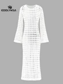 性感镂空喇叭袖白色针织钩花连衣裙女式夏季时尚泳衣罩衫 - 白色 - 查看 4