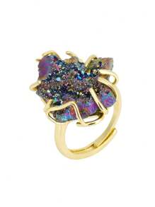 1pc CSJA Druzy Crystal Stone Ring For Women Girl Luxury Gold Color Asymmetric Natural Stone Rainbow Drusy Finger Ring Jewelry Valentine Gift H558