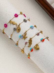 女士 18k 镀不锈钢不褪色海洋元素小花手链，适合约会、度假、日常佩戴，搭配沙滩饰品 - 金黃色 - 查看 2