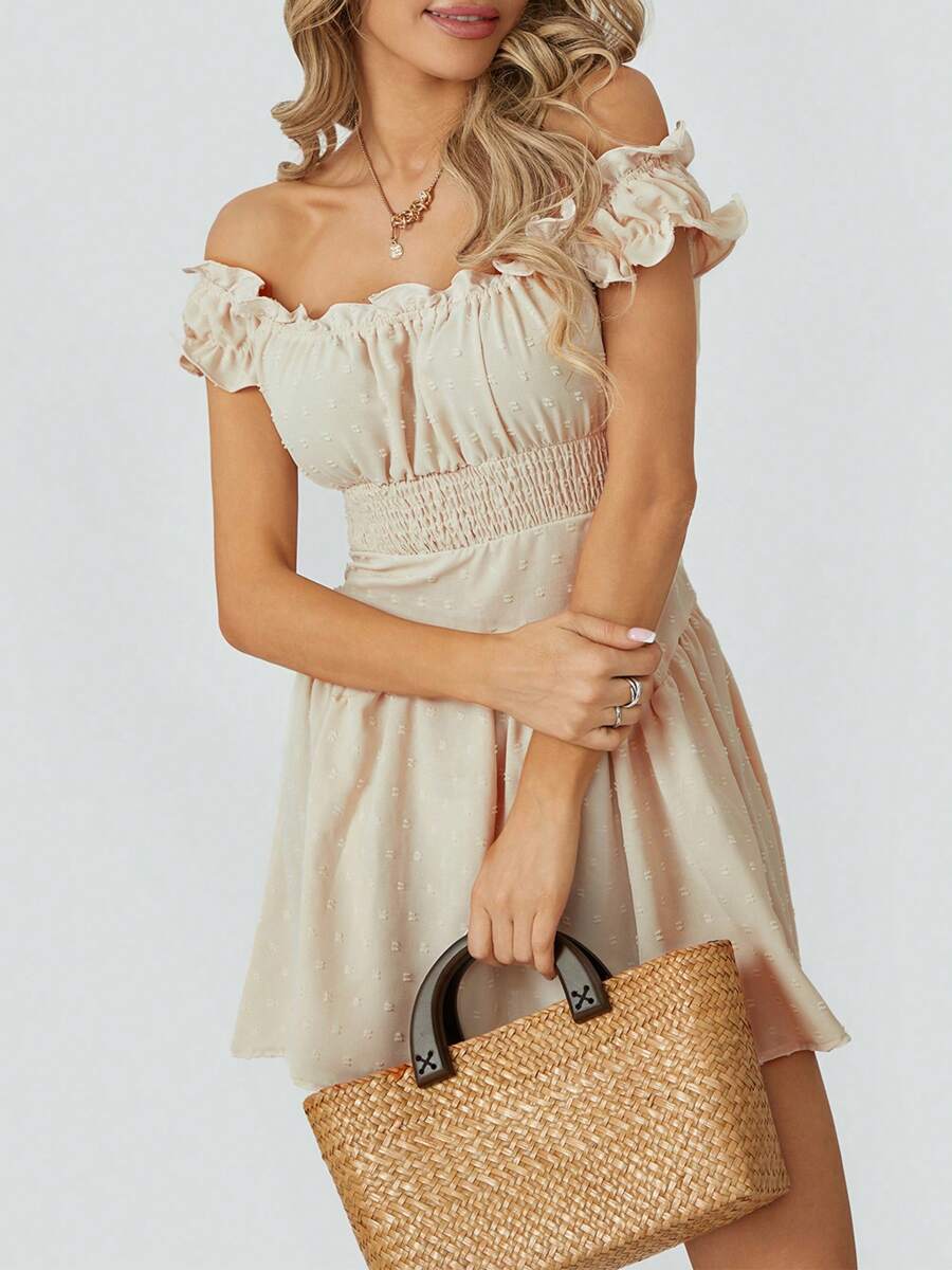 Women Summer Short Dress Solid Color Ruched Bust Boat Neck Off Shoulder Puff Sleeve A-Line One Piece For Ladies