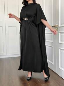 Women's Black Waist Pleated Cape Sleeve Arabic Abaya Dress - Black - View 5