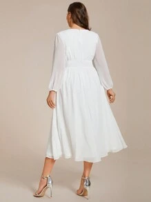 EVERPRETTY Plus Size Chiffon High Waist Long Sleeves Bachelorette Party Dress Formal Midi Dress Bridal Shower Dress Wedding Dress For Bride Engagement Dresses - White - View 2