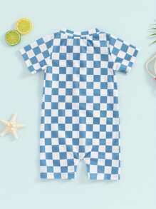 Toddler Rash Guard Swimsuit Checkerboard Print Short Sleeve Zip Up Bathing Suit Swimwear - Blue - View 3