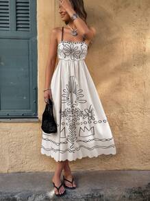 Women Floral Print Ruffle Strap Midi Dress