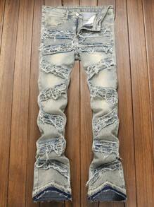 Men's Retro Washed Blue Skinny Fit Distressed Jeans, Emo Style - Bronze - View 1