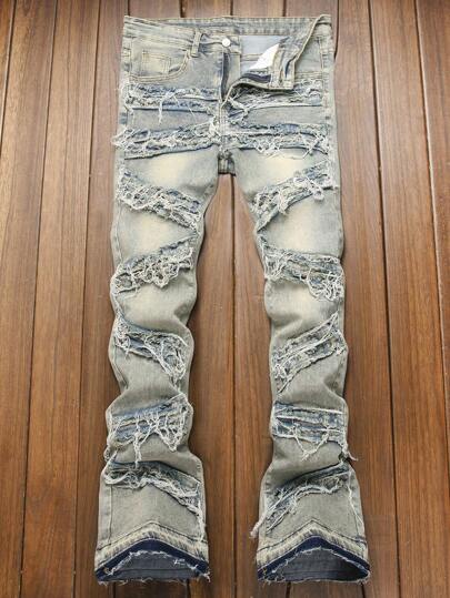 Jeans ajustados de corte skinny con efecto desgastado en azul retro, estilo emo para hombres