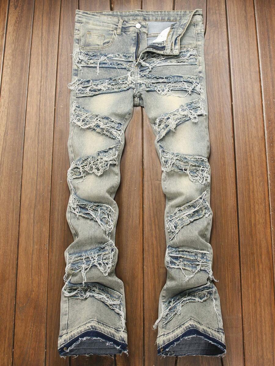 Men's Retro Washed Blue Skinny Fit Distressed Jeans, Emo Style - Bronze - View 1