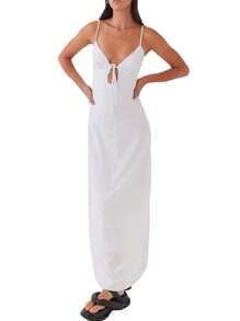 Womens Summer Long Dress Sleeveless Spaghetti Strap Tie-Up Front Loose Dress Back Cutout Dress - 白色 - 查看 1
