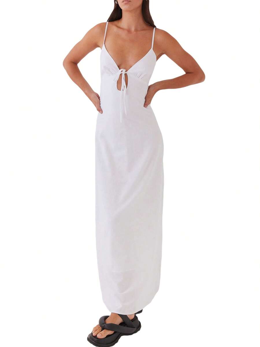 Womens Summer Long Dress Sleeveless Spaghetti Strap Tie-Up Front Loose Dress Back Cutout Dress - 白色 - 查看 1