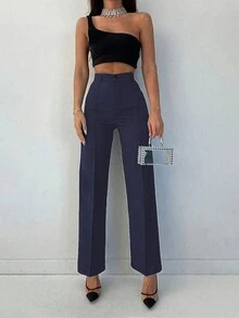 Quần ống đứng cạp cao đơn giản, đa năng, màu trơn, thời trang thu đông cho nữ, hàng mới về, chất liệu vải dệt kim co giãn mỏng, cài nút phía trước, thích hợp mặc hàng ngày và đi làm - Xanh đậm - Xem 4