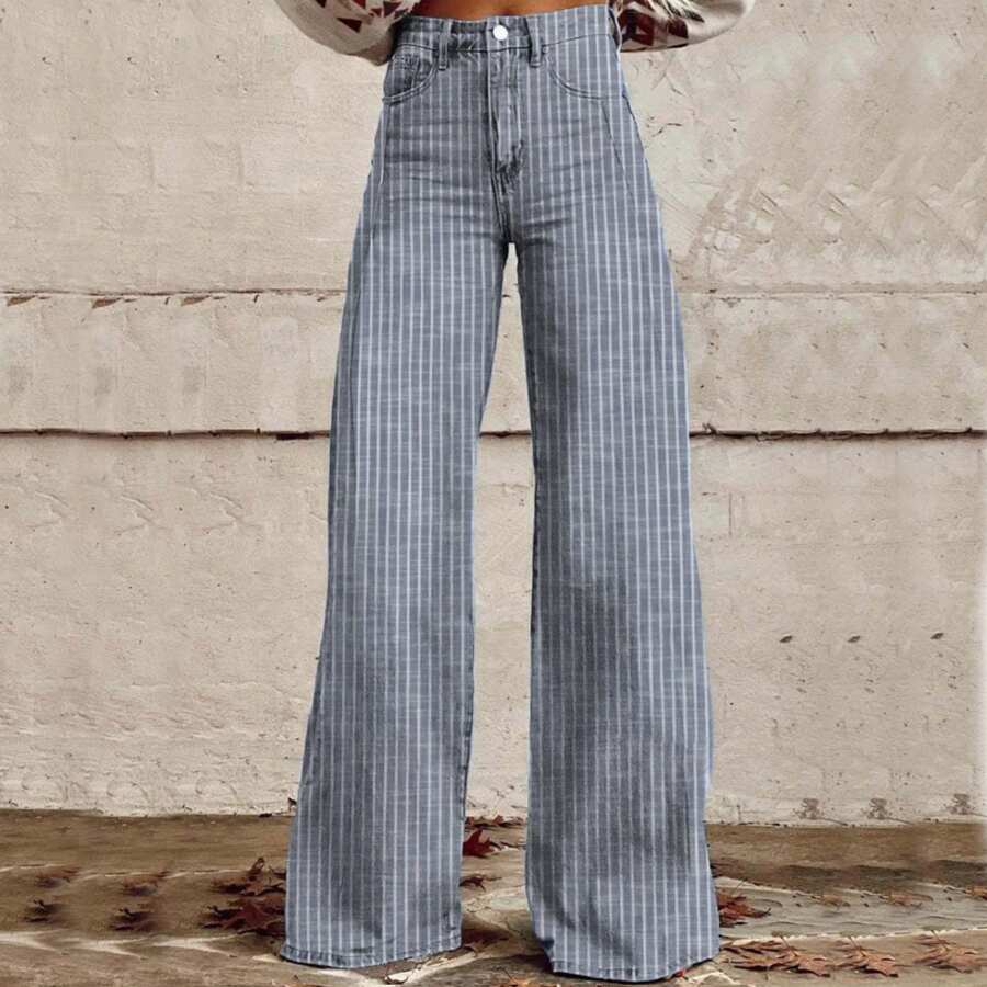 Women Y2K Striped Jeans High Waist Button Wide Leg Casual Denim Pants Bootcut Flare Boyfriend Trousers With Pockets Streetwear - Màu xanh lam - Xem 1