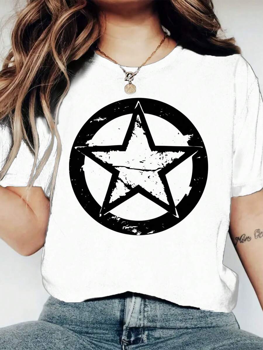 "Five-Pointed Star" Print Pattern Leisure Suitable For Daily Work And Family Wear Short-Sleeved Round Neck Women's T-Shirt