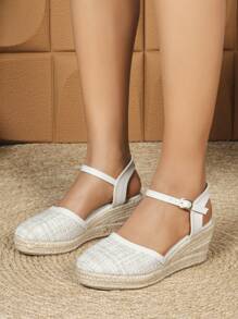 Sandalias de cuña de alpargata de encaje para mujeres, sandalias de plataforma de verano de punta cerrada, de tacón alto y trenzadas, elegantes y versátiles