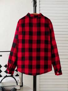 Teen Boys' Red & Black Plaid Turndown Collar Long Sleeve Casual Shirt - Black - View 2