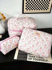1 Piece Bow&Cherry Quilted Cosmetic Bag With Handle Bow Decor Makeup Bag Large-Capacity Portable Travel Cosmetic Pouch With Zipper, Sweet-Style Toiletry Bag, Makeup Storage Bag For Home, Travel, Daily Use, Women's Makeup Organizer To Store Makeup Tools, Makeup Brush Storage, Toiletry Travel Bag, Reusable Stuff Storage Bag, Coin Purse, Valentine's Day Gift, Bridesmaid Gift School Supplies Travel Essentials Make Up Bag Holiday Essentials Makeup Bags Makeup Pouch Holiday Winter Leopard Print Sausage Dog Gifts For Women - Multicolor - View 12