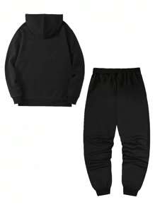 2pcs/Set Men's Thickened Thermal Lined Hoodie Sweatshirt And Sweatpants Set, Autumn Winter 2025 New Casual Plus Size Set - Black - View 5