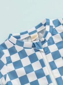 Toddler Rash Guard Swimsuit Checkerboard Print Short Sleeve Zip Up Bathing Suit Swimwear - Blue - View 4
