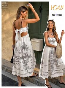 Women Floral Print Ruffle Strap Midi Dress