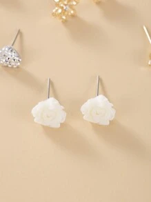 1 套/30 件时尚简约可爱花朵金属心形水钻蝴蝶结叶子设计耳钉首饰套装，节日礼物，适合日常佩戴 - 彩色 - 查看 4