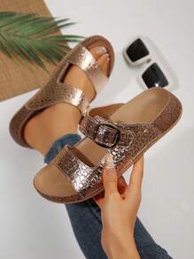 1 Pair Women Fashion Flat Sandals, Gold Metallic Crocodile Pattern, Casual Daily Wear, Thick Sole For Outdoor/Vacation, Metal Buckle Design Mule