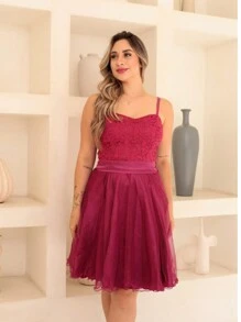 Short Party Dress With Straps, Lace Tulle, Shine - Rose Red - View 5