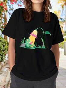 Cozy Night Off Cute Illustration Of A Frog Under A Flower Lamp With A Whimsical Glow For Reading In Nature - Cozy Cute Flower Lamp Frog Glow Illustration Nature Night Reading Whimsical For Women's Women's T-Women Shirt - 黑色 - 查看 1