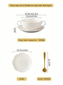 1套陶瓷双耳碗带盖，1碗+1盘+1金樱花勺，蝴蝶3D浮雕图案，多功能，大容量，设计优雅，适用于餐厅，家庭，咖啡厅，宴会，可用作汤碗，沙拉碗，面碗，适用于烤箱和微波炉，餐具，厨房用品，沙拉，水果，意大利面，厨房配件 - 白色 - 查看 11
