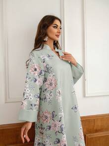 立领 V 领长裙，全身印花，厚实柔软的四向弹力面料，喇叭袖口，闪亮水钻装饰，优雅的阿拉伯女性 Jalabiya 端庄长袖阿拉伯连衣裙，卡夫坦 - 灰色 - 查看 3