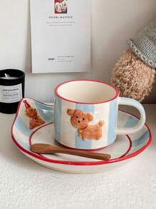 1pc Limited Edition Vintage Donkergroene Handgeschilderde Relief Bell Puppy Mok, Koffie/Thee Kopje & Ontbijtbord Cadeau