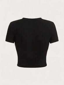 Áo croptop in chữ cho bé gái, cổ tròn, chất liệu vải dệt kim polyester pha spandex, kiểu dáng ngắn, phù hợp cho mọi mùa, màu đen mùa hè. - màu đen - Xem 2