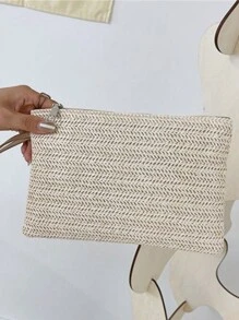 1pc Carteira feminina de tecido com tema urbano - Bolsa de mão de palha feita à mão com design trançado de grama de trigo, cor sólida, fecho de zíper, forro de poliéster, material de tecido, lavável à máquina - ideal para deslocamentos e viagens - Multicolorido - Ver 8