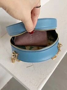 迷你刺绣圆包，链条心形装饰斜挎包，星月图案圆形钱包情人节礼物，PU复古小圆包，女士法式链条包，时尚刺绣单肩斜挎包 - 藍色 - 查看 4