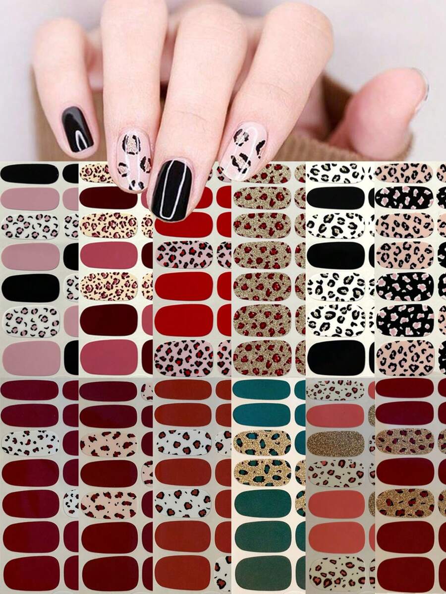 Leopard Print, Y2K Style Mix & Match Full Cover Nail Stickers, Easy To Apply With Dotted Lines Nails - Multicolor - View 1