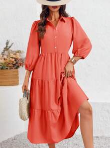 2026 Popular Fall Maxi Shirt Dress V Neck Vestidos Elegantes De Mujer Button Down 3/4 Sleeve Tiered Collared Flowy Design - Orange Red - View 3