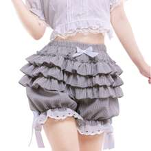 Womens Lolita Bloomers Ruffles Pumpkin Pants Bottom Shorts Lace Trim Layered High Waist Shorts Pettipants - Grey - View 4