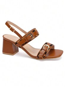 Sandales à talons hauts femme réglables à boucle avec imprimé léopard, sandales d'été stylées pour femmes - Camel - Voir 2