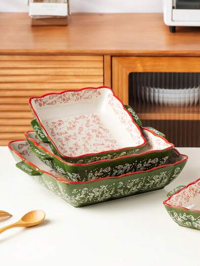复古绿色花卉图案手绘方形陶瓷烤盘带手柄，厨房炊具适用于烤箱、微波炉、沙拉、烤制、鸡肉、烘焙甜点和制作披萨