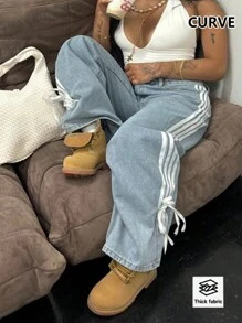 البناطيل الجينز النسائية المقاسات الكبيرة بخصر قابل للشد بفيونكة، بنمط فضفاض كاجوال نمط الشارع الأوروبي والأمريكي الحديث Y2K