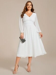 EVERPRETTY Plus Size Chiffon High Waist Long Sleeves Bachelorette Party Dress Formal Midi Dress Bridal Shower Dress Wedding Dress For Bride Engagement Dresses - White - View 5