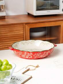 Assadeira redonda de cerâmica pintada à mão, com estampa floral vintage vermelha e alças, ideal para saladas, grelhados, assados, sobremesas e para fazer pizza e massas, para forno e micro-ondas, utensílios de cozinha