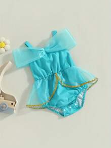 Baby Girls Summer Casual Tutu Romper Blue Short Sleeve Off Shoulder Tulle Romper - Blue - View 3