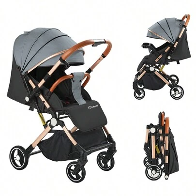 Cochecito de bebé reversible, plegable y portátil, con asiento ajustable, gran canasta de almacenamiento y diseño de absorción de impactos, equipado con toldo, portabotellas y bandeja para alimentos, adecuado para recién nacidos y niños pequeños, imprescindible para salidas familiares