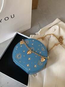迷你刺绣圆包，链条心形装饰斜挎包，星月图案圆形钱包情人节礼物，PU复古小圆包，女士法式链条包，时尚刺绣单肩斜挎包 - 藍色 - 查看 5